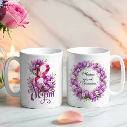 Персонализирана чаша за 8 март с лилави лалета 