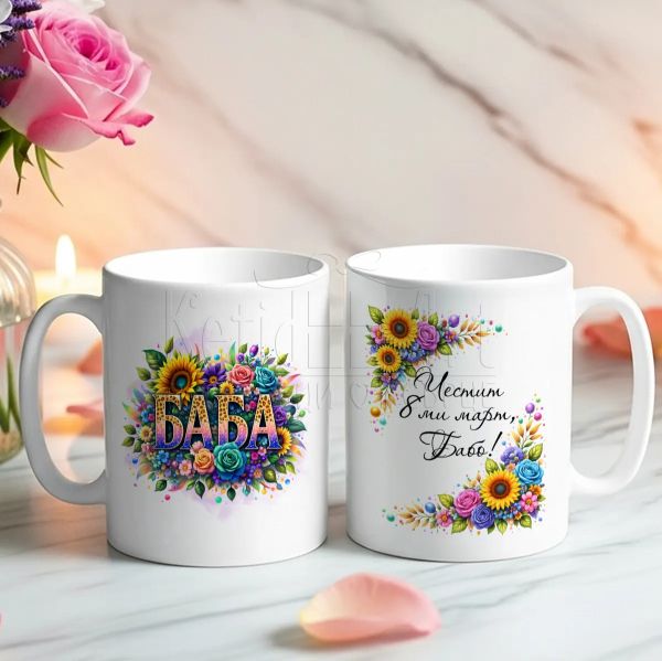 Чаша с цветя и надпис БАБА  подарък за 8 март