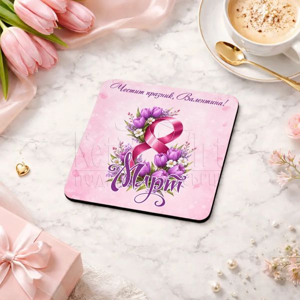  Подложка за чаша с гумена основа и име за 8 март 